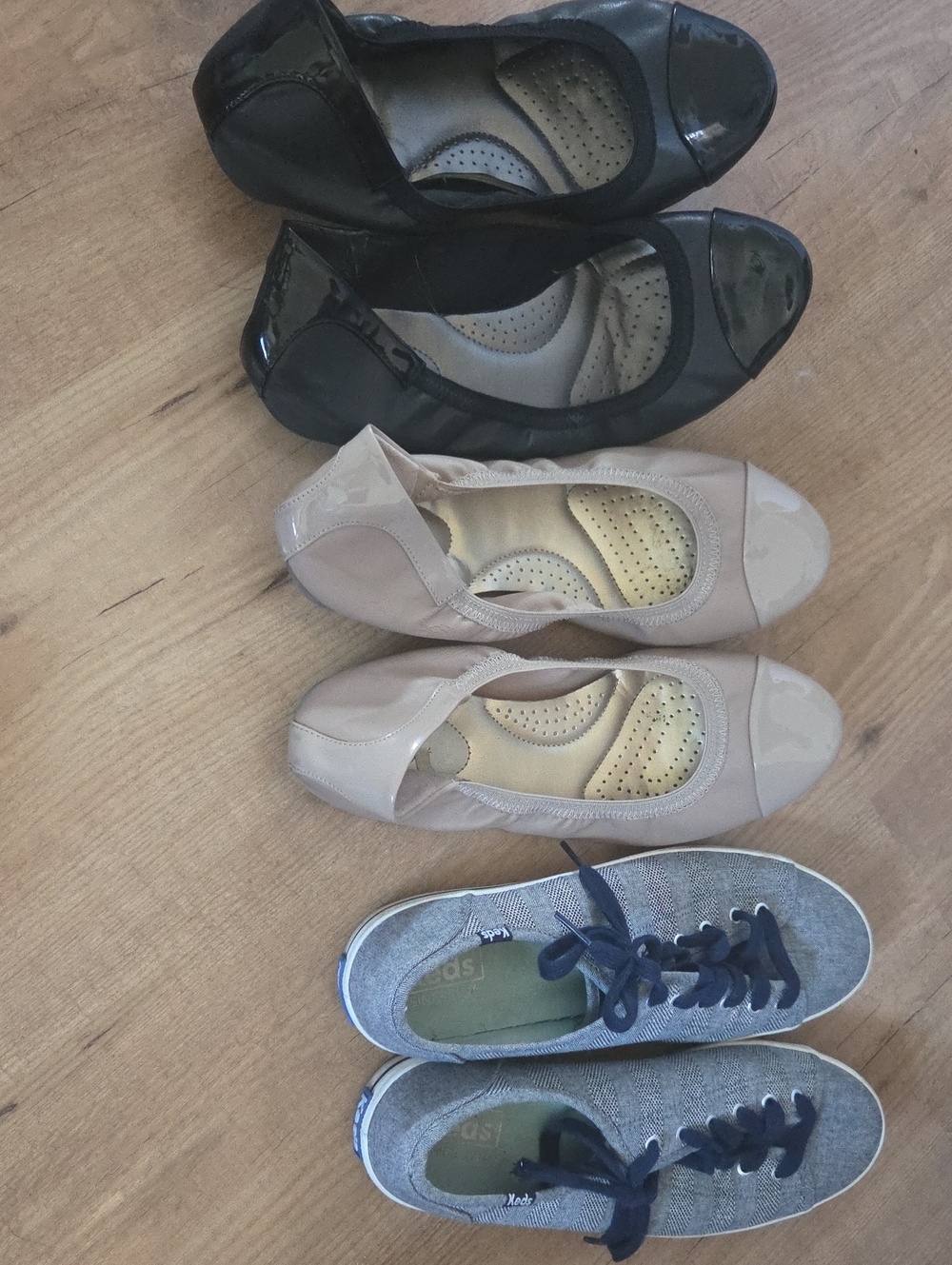 Three-Pair Shoe Bundle — Black Flats, Nude Flats, Gray Canvas Sneakers